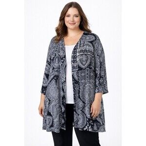 Catherines Women's 2X 22/24W Black White Paisley Kimono Open Front Plus
